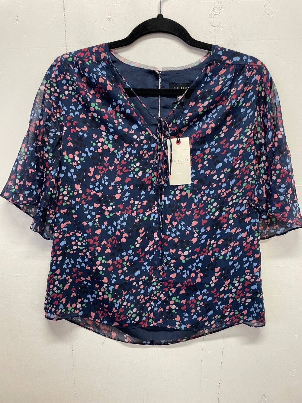 Ted Baker London Womens Split Sleeve Navy Print Layered Top Size 1 New With Tags